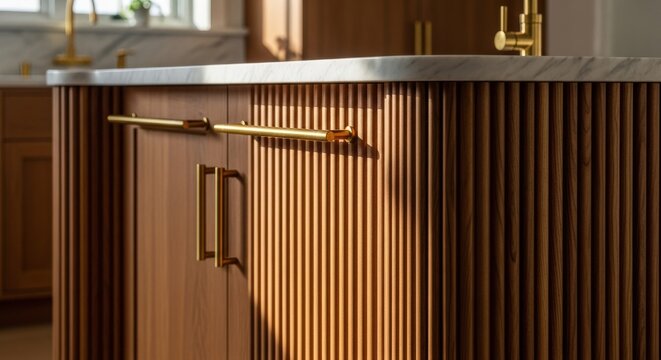 Hamptons modern kitchen island with fluted wood cabinetry and brass hardware, sophisticated coastal design for luxury home website banners and interior marketing headers
