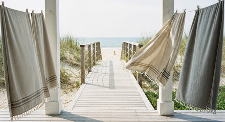 Hamptons beach boardwalk with flowing curtains and ocean access, dreamy coastal pathway for luxury vacation rental website banners and travel marketing headers