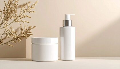 Elegant white skincare products displayed with dried flowers and soft light