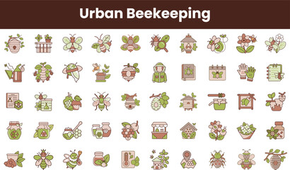 A colorful flat illustration featuring various elements of urban beekeeping, including bees, hives, flowers, and tools, ideal for gardening and sustainability themes.