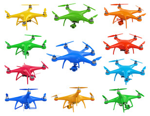 A collection of twelve vibrant, multicolored drones, viewed from above, showcasing their diverse color schemes