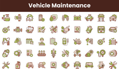 A colorful collection of vehicle maintenance icons featuring tools, oil changes, inspections, and service symbols, perfect for automotive professionals or enthusiasts.