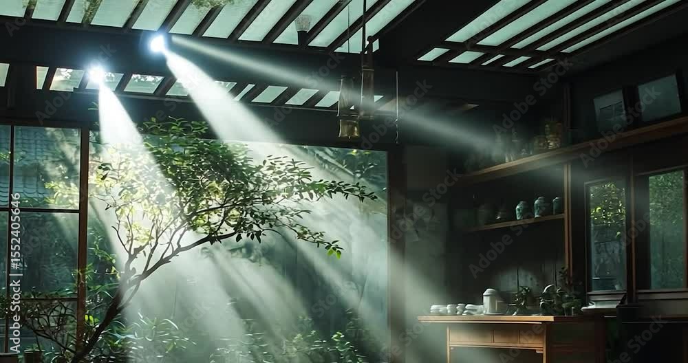 Aufkleber sunlight streams through a window illuminating a small tree in an interior space wooden shelf and ta