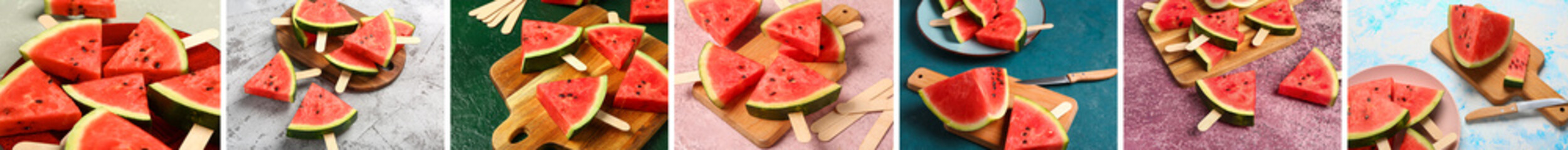 Collage of sweet watermelon slice popsicles on color background