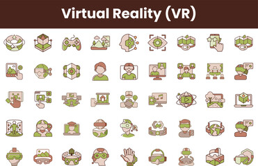 A collection of virtual reality icons in a minimalist design featuring various elements like headsets, controllers, and interactive experiences.