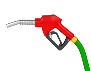 A red and green fuel nozzle, ready for use