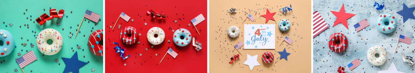 Collage of sweet donuts and American flags on color background. USA Independence Day