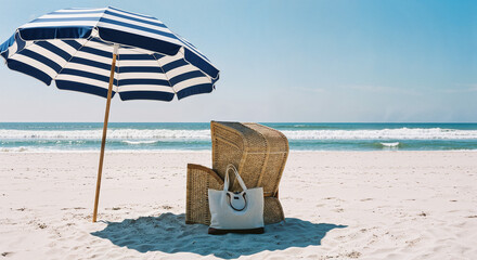 Hamptons beach scene with striped umbrella and wicker chair on pristine sand, luxury coastal lifestyle for vacation rental website banners and travel marketing headers