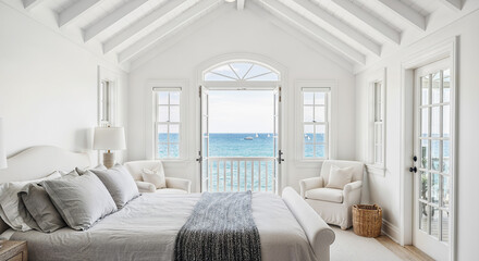 Hamptons oceanfront master bedroom with vaulted ceiling and panoramic sea views, luxury coastal retreat for vacation rental marketing website banners and real estate headers