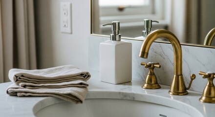 Hamptons brass bathroom faucet with white marble countertop and towels, luxury coastal home fixture detail for real estate marketing website banners and design headers