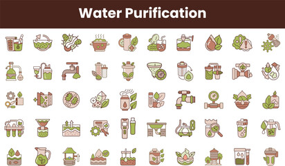 A vibrant collection of water purification icons, including filters, distillers, and purification systems, showcasing eco-friendly techniques in a modern design.