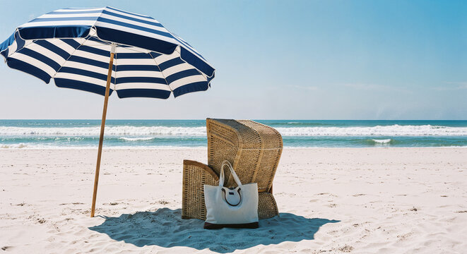 Hamptons beach scene with striped umbrella and wicker chair on pristine sand, luxury coastal lifestyle for vacation rental website banners and travel marketing headers