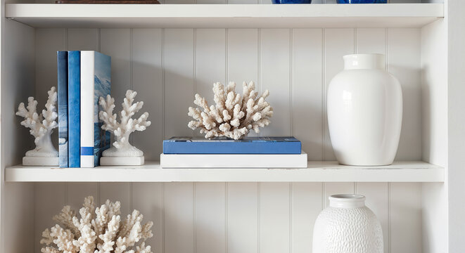 Hamptons white built-in shelving with coral decor and coastal accessories, elegant beachhouse storage for luxury home website banners and interior design headers