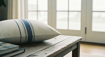 Hamptons coastal interior with navy striped pillows and natural light, serene beach house living space for luxury home website banners and real estate marketing headers