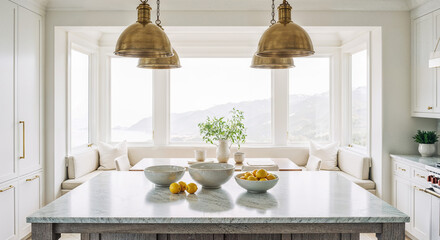 Hamptons coastal kitchen with brass pendant lights and white marble island, elegant beachhouse interior for luxury home website banners and real estate marketing headers