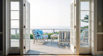 Hamptons beachhouse balcony with ocean view and outdoor furniture, coastal deck perfect for luxury vacation rental marketing website banners and real estate headers