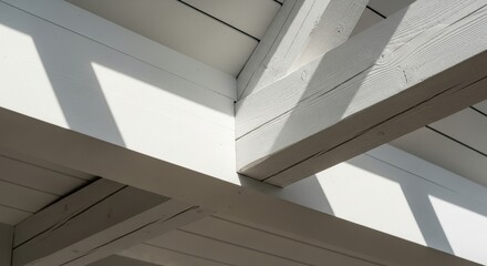 Hamptons exposed white ceiling beams with natural light and shadows, architectural detail for coastal home design website headers and luxury interior marketing banners