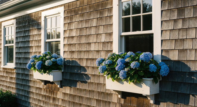 Hamptons beachhouse exterior with cedar shingle siding and blue hydrangea window boxes, classic coastal architecture for luxury vacation rental website banners and headers