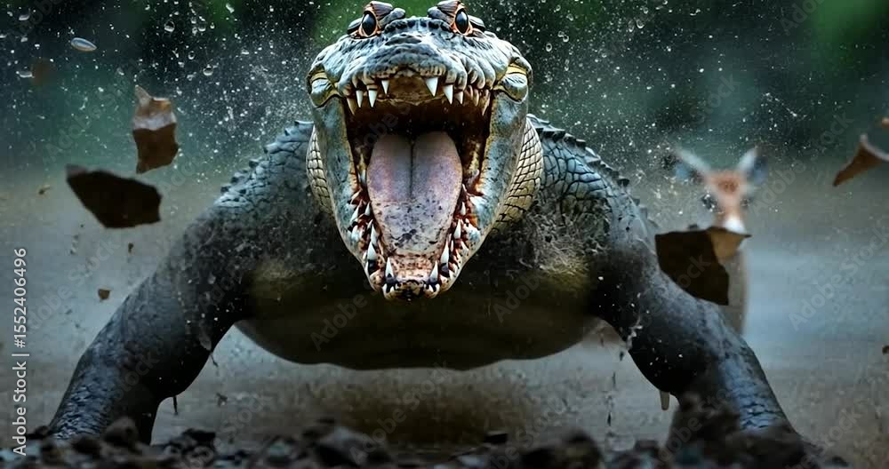 Poster close up view of an alligator with an open mouth in dirt with deer in soft focus. shows power and wi