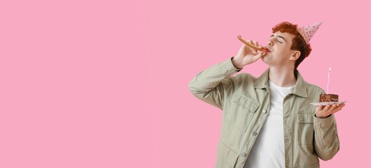 Young man with party blower and piece of birthday cake on pink background with space for text