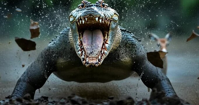 Close up view of an alligator with an open mouth in dirt with deer in soft focus. Shows power and wildness. In the background is a blurred background of a natural environment
