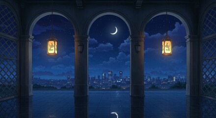Anime Style Balcony at Night with City Skyline, Moon, and Lanterns