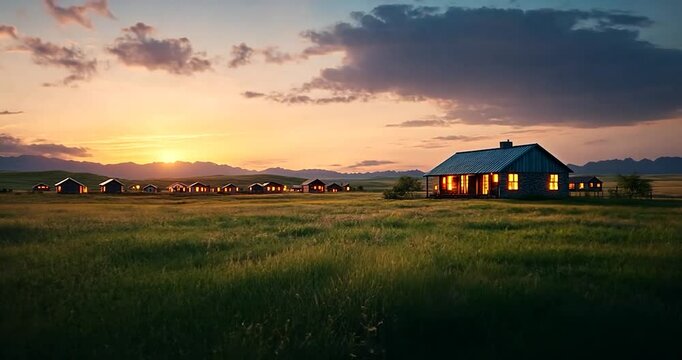 Scenic video still of a rural landscape at sunset. A single-story house and multiple buildings illuminate against a golden-hour sky. Rolling green fields dominate the foreground