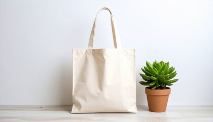Eco-Friendly Cotton Tote Bag With Green Potted Plant on White wall background