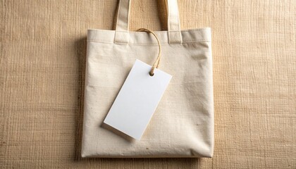 Natural canvas tote bag with blank tag hanging from jute rope on textured burlap background