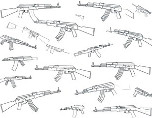 A monochrome illustration featuring numerous assault rifles, varying in orientation and perspective, arranged against a stark black backdrop