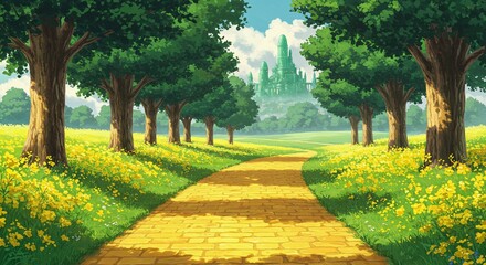 Anime Style Yellow Brick Road Leading to an Emerald City Through a Lush Landscape