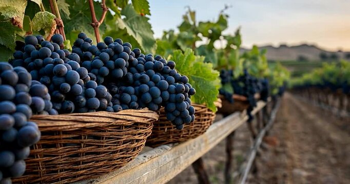 Close up video of grape harvest in vineyard baskets with lush green leaves and rows of vines illuminated by sunset light