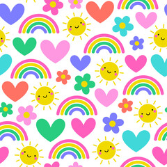 Colorful cute sun, flower, rainbow and heart seamless pattern design background.