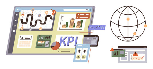 Digital interface featuring KPI dashboard, financial graphs, route map, charts, mobile data sync, and technology globe. Ideal for business strategy, team management, finance analytics global