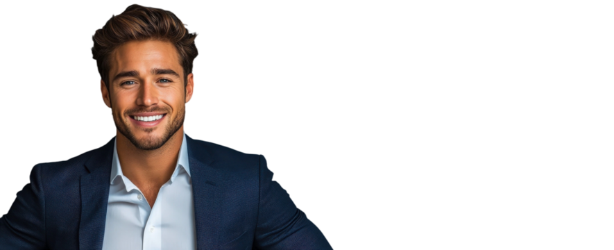 Confident young businessman in a tailored suit showcasing friendly smile and professional attitude against a dark background, symbolizing success and motivation