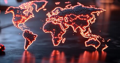 Digital world map with red glowing lights showing global spread of pandemic virus on a blurred dark surface video - Powered by Adobe