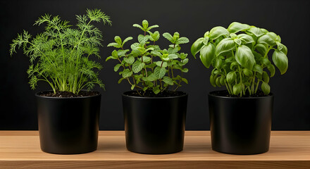 Fototapeta premium Dill Mint Basil Green Herbs in Black Pots on Wood Table
