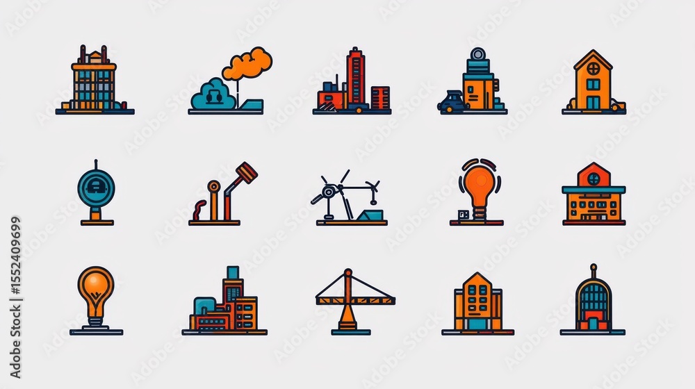 Poster a collection of stylized icons depicting various architectural structures and elements associated wi