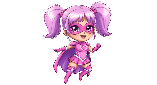 Cartoonish Chibi Superhero Girl Illustration in Pink Costume on Isolated Background - Powered by Adobe