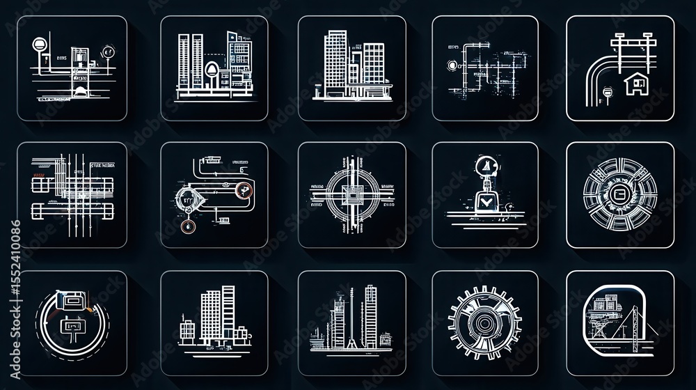 Poster a set of detailed architectural blueprints and skyscraper icons representing various aspects of urba