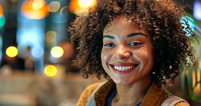 Smiling woman at a caf? with vibrant background lights