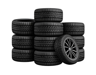 Stack of new car tires and a rim, ready for sale or use