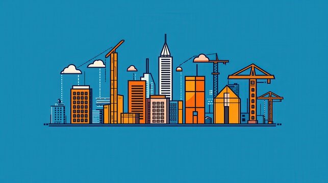of a dynamic modern metropolitan cityscape featuring a striking skyline of tall colorful skyscrapers and construction cranes against a bold minimalist background