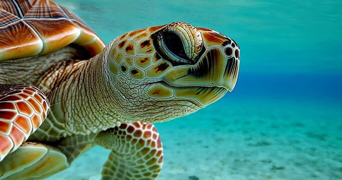 Close up video of a sea turtle with orange and white shell with intricate patterns turquoise background selective focus on the head