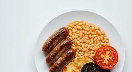 Savory Delight: A Perfectly Plated Full English Breakfast with Grilled Sausages, Baked Beans, and Toasted Bread.