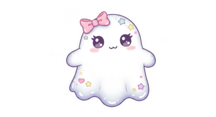 Cute Kawaii Ghost Illustration with Pink Bow and Sprinkles on Transparent