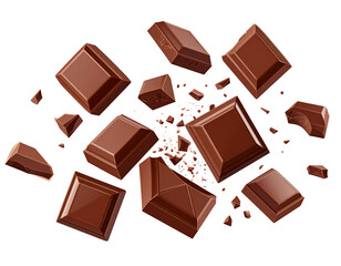 Milk chocolate pieces explode in mid-air, showcasing rich, brown hues and textures