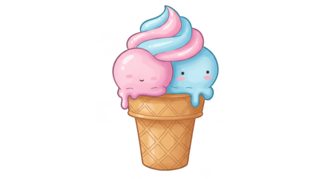 Cute Ice Cream Illustration with Kawaii Face and Pastel Colors