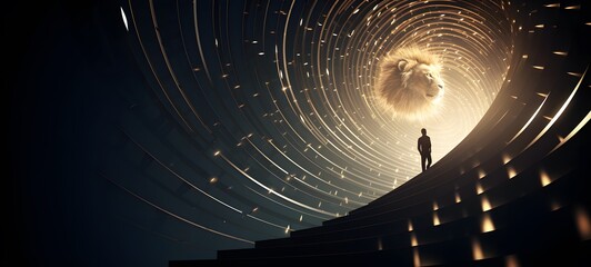 pop surreal unreal silhouettes spiral towards lion, ai generatif