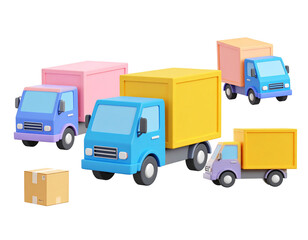 Colorful cartoon delivery trucks and package